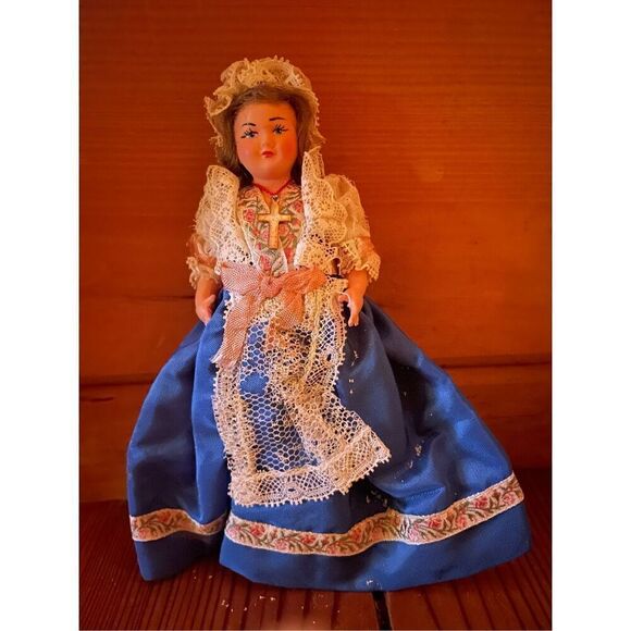 Christian Cross Gypsy Dress Lace Nouveau Victorian Woman Doll VTG 50s - Picture 1 of 3